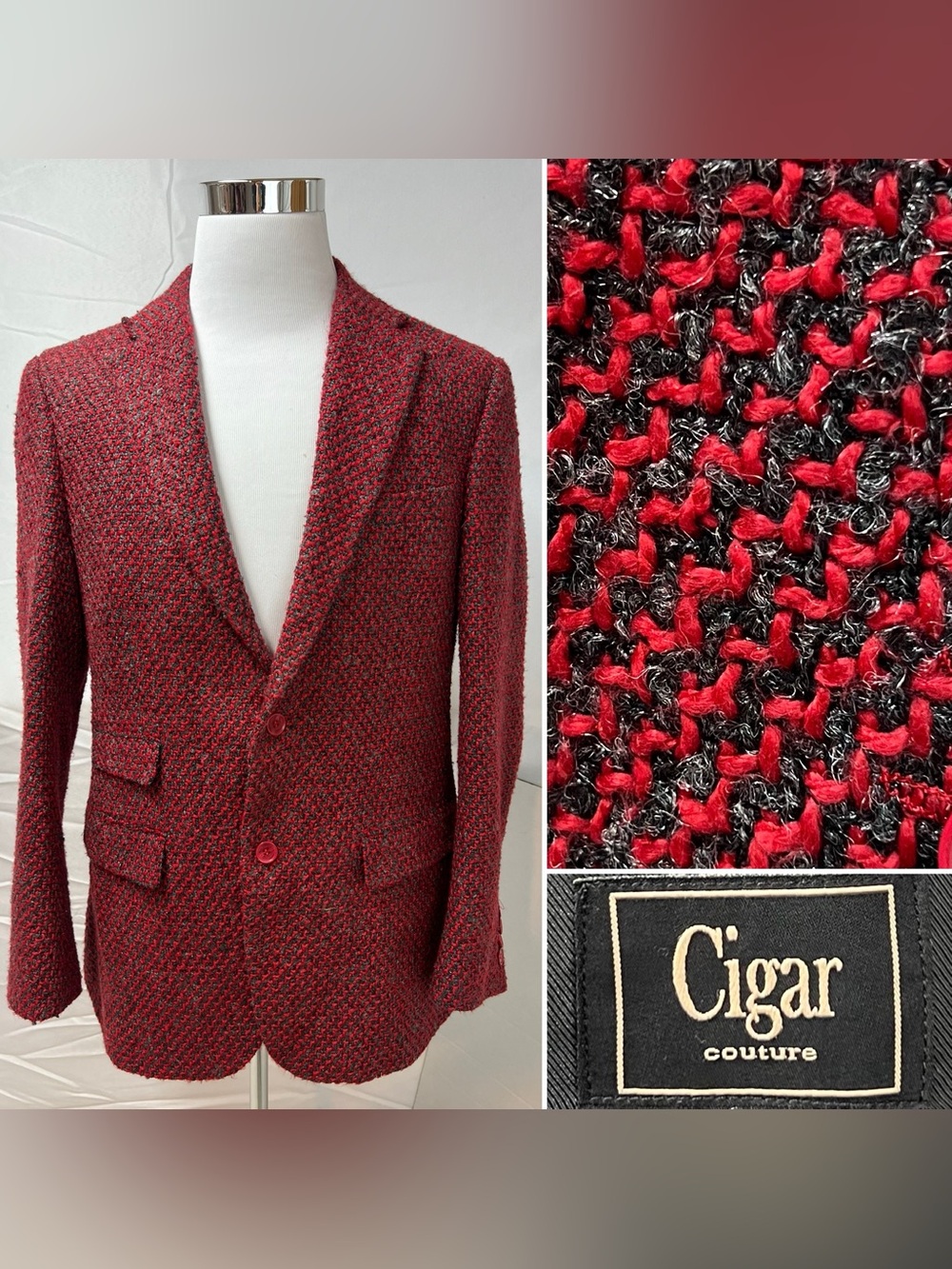 Cigar Couture Men’s L Red & Gray Tweed 2 Button Blazer Jacket Sport Coat